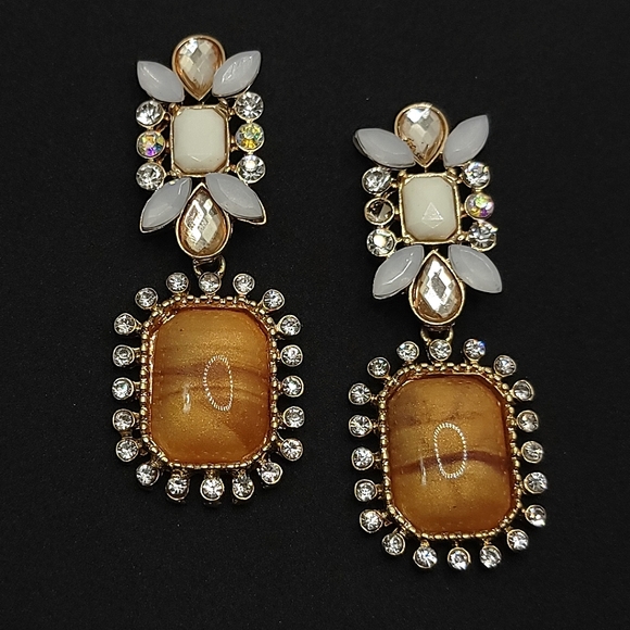 Chunky Rhinestone Dangle Earrings Caramel and Cream Statement - Picture 8 of 10